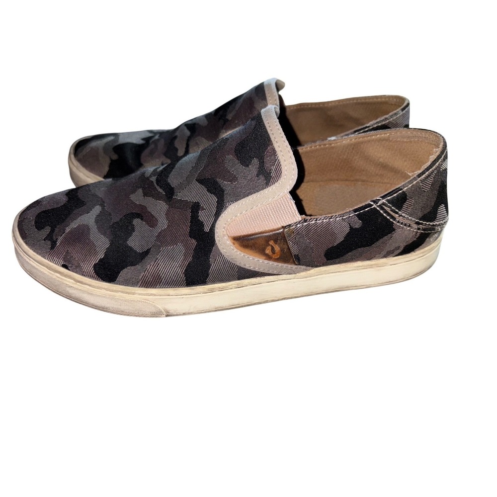 Olukai Pehuea Pat Womens 8 Camo Slip On Sneakers Gray Black Low Top Beach Street